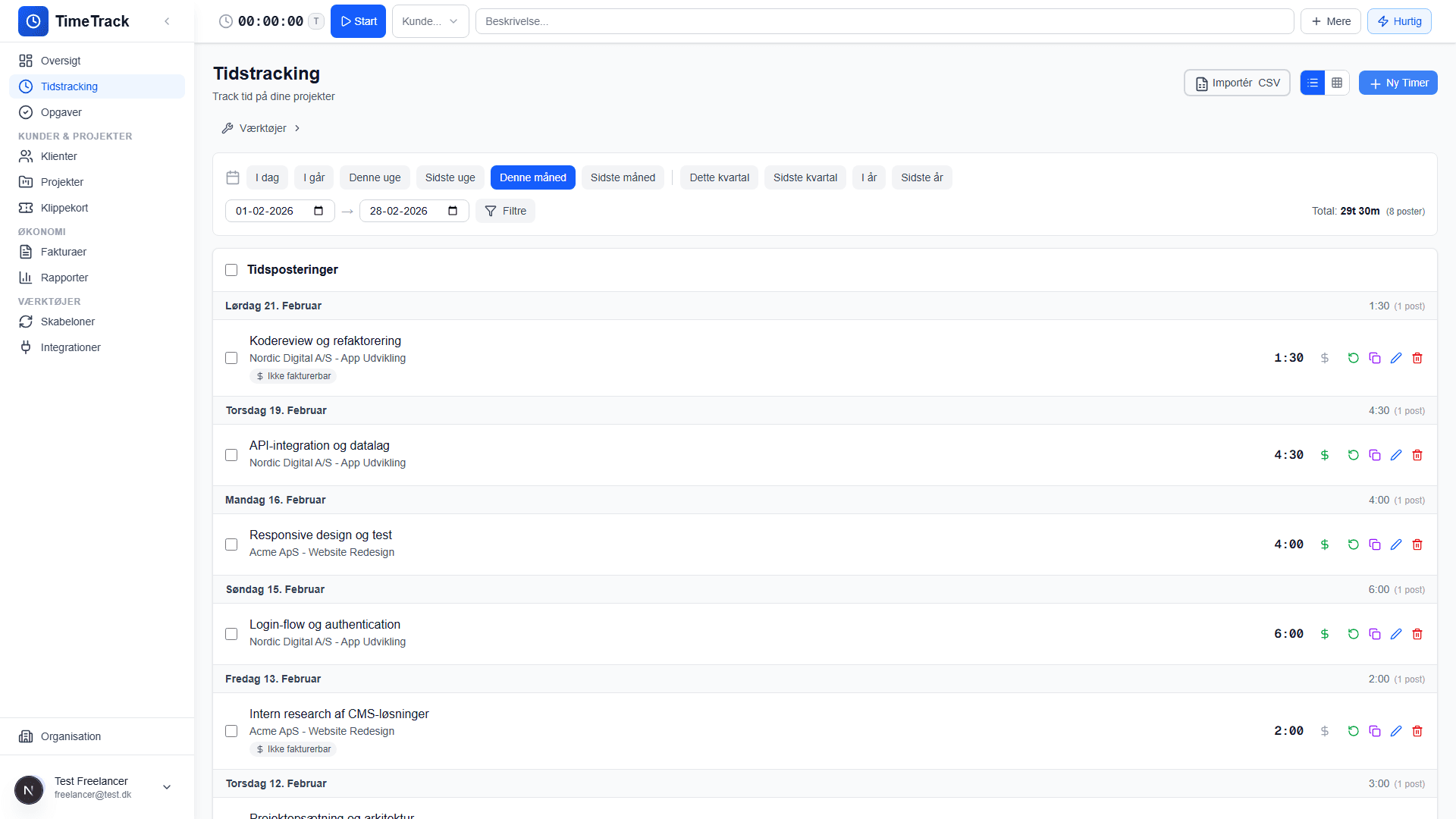TimeTrack tidsregistrering — timer pr. kunde og projekt med overblik