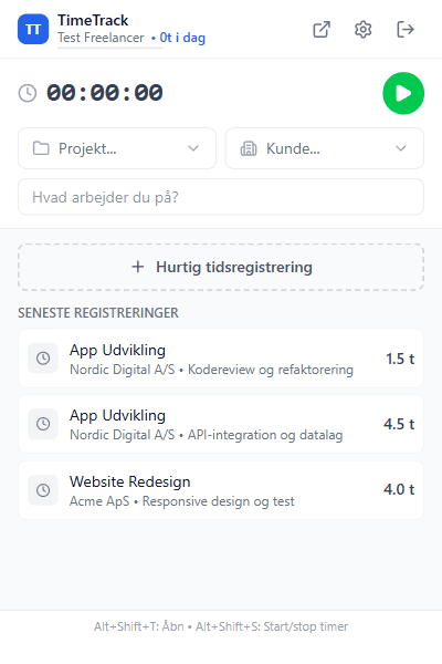 TimeTrack browser extension popup — start/stop timer direkte i browseren