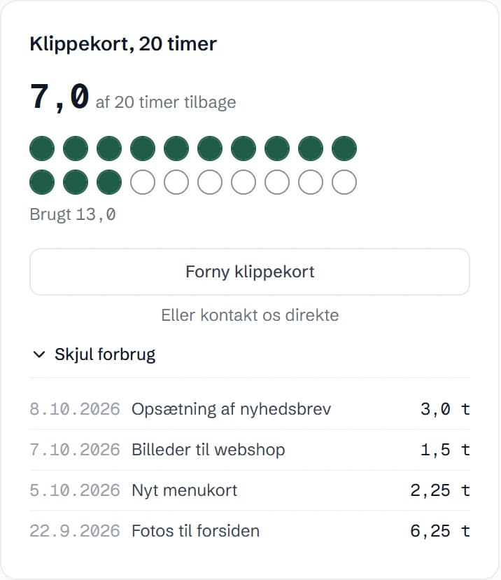 Kundeportalen viser klippekortet med 7 timer tilbage af 20 og forbruget pr. registrering.